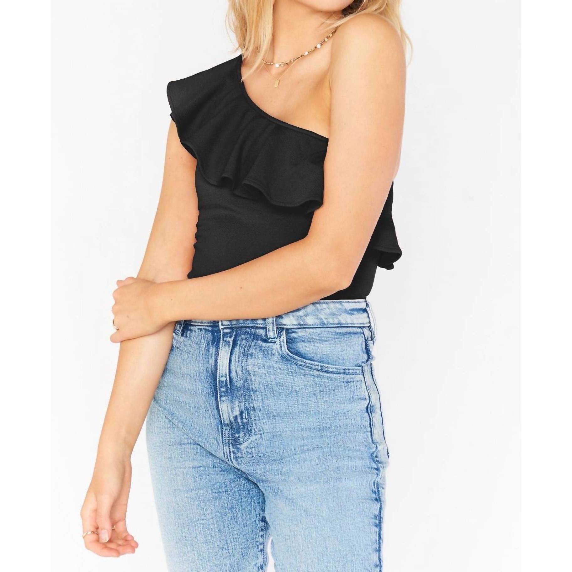 New Show Me Your Mumu Ophelia Ruffle Bodysuit In Black Stretch